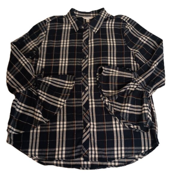 Time and Tru Women’s Blue Plaid Flannel ButtonUp Shirt Bell Sleeves Size L 12–14 - Picture 1 of 16